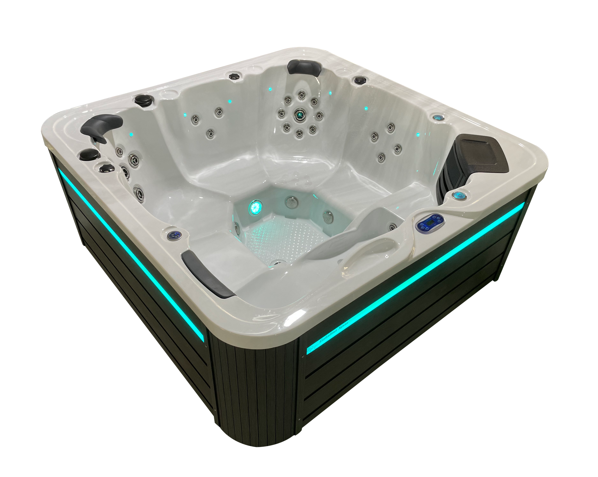 side view of CX-6 hot tub with internal lighting